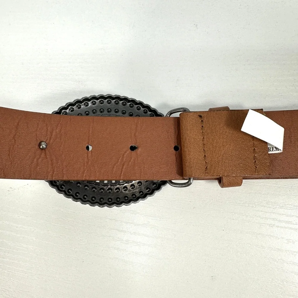 Cognac Brown Faux Leather Belt Oversized Rhinestone Western Buckle Size 5